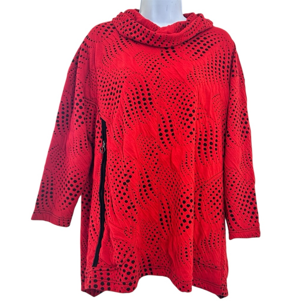Ali Miles Red Cowl Neck Sweater Top Size L Abstract Print Lagenlook